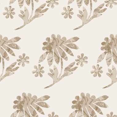 Sepia kahverengi mermer çiçeksiz desen. İnce 2 tonlu çiçek, basit desenli matisse kağıt kesim tarzıyla çiçek açar. Her tarafı dekoratif baskı. En az bej rengi ecru kağıt jpg kumaş parçası. 