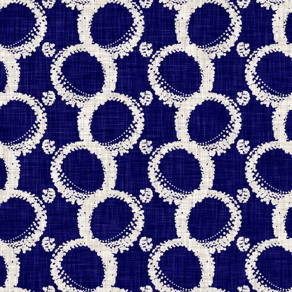 Seamless indigo circle texture. Blue woven boro cotton dyed effect background. Japan repeat batik resist pattern. Asian starry all over print
