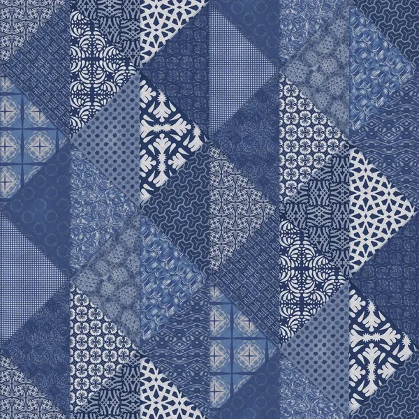 Denim azul occidental patchwork triángulo tejido textura. Indigo vintage lavado impreso efecto textil de algodón. Fondo de decoración del hogar jean parcheado. Boho bandana quilt stitch allover tela material de impresión. —  Fotos de Stock