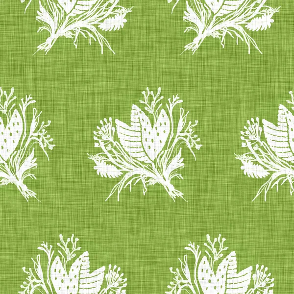 El yapımı çiçek motifli keten dokusu. Kaprisli bahçe pürüzsüz desen. Ev dekorasyonu için modern bahar karalama ürünleri. Her tarafı botanik tarama tarzı kırsal yeşil..