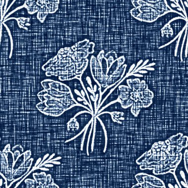 Asit, dekoratif keten çiçek motifli mavi kot etkisine sahiptir. Kusursuz kot tekstil kumaş kumaşı her yerde..