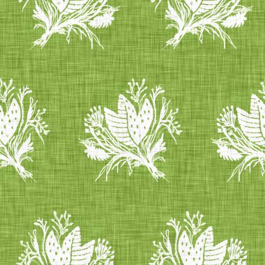 El yapımı çiçek motifli keten dokusu. Kaprisli bahçe pürüzsüz desen. Ev dekorasyonu için modern bahar karalama ürünleri. Her tarafı botanik tarama tarzı kırsal yeşil..