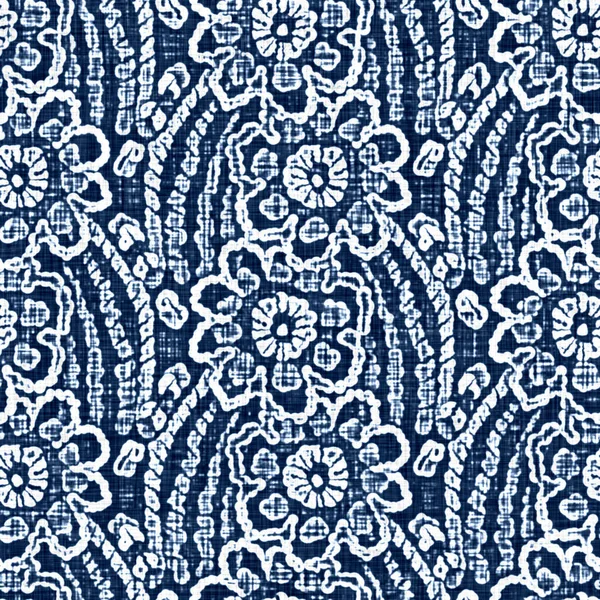 Acid wash blue jean effect texture with decorative linen floral motif background. Seamless denim textile fashion cloth fabric all over print.