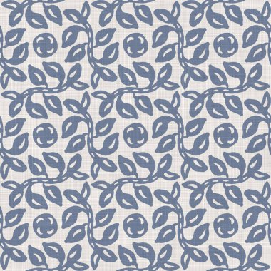 Kusursuz Fransız kumaşı baskılı yeşillik arka planı. Provence mavi gri keten desenli doku. Eski püskü, şık, bulanık bir arka plan. Her yerde tekstil kırsalı var.