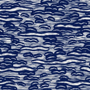 İndigo boyalı kumaş rastgele benekler desen dokusu. Kusursuz tekstil kumaş boyası baskıya dayanıklıdır. Japon kimono bloğu baskısı. Yüksek çözünürlüklü batik etkisi benekli kumaş parçası. 