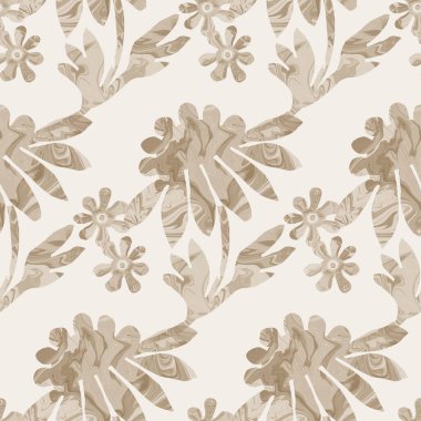 Sepia kahverengi mermer çiçeksiz desen. İnce 2 tonlu çiçek, basit desenli matisse kağıt kesim tarzıyla çiçek açar. Her tarafı dekoratif baskı. En az bej rengi ecru kağıt jpg kumaş parçası. 