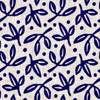 İndigo mavisi yaprak bloğu boyanmış keten desenli arka plan. Kusursuz örülmüş Japonlar batik kumaş örneklerini tekrarlıyorlar. Çiçeksel organik bulanık blok izleri tekstilin her yerinde.