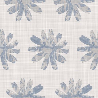 Kusursuz Fransız kumaşı, çiçekli kumaş kaplama. Provence mavi gri keten desenli doku. Eski püskü, şık, bulanık bir arka plan. Her yerde tekstil kırsalı var..