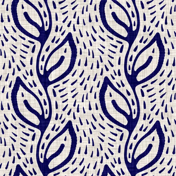 Indigo blu fogliame blocco stampa tinta lino texture sfondo. Senza soluzione di continuità tessuto giapponese ripetizione batik modello campione. Stampa di blocchi di sfocatura organica floreale su tutto il tessuto. — Foto Stock