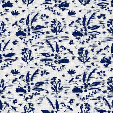 İndigo boyalı kumaş desenli çiçek deseni. Kusursuz tekstil kumaş boyası baskıya dayanıklıdır. Japon kimono bloğu baskısı. Yüksek çözünürlüklü batik etkisi tekrarlanabilir kumaş parçası. 