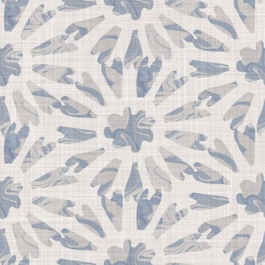 Kusursuz Fransız kumaşı, çiçekli kumaş kaplama. Provence mavi gri keten desenli doku. Eski püskü, şık, bulanık bir arka plan. Her yerde tekstil kırsalı var.