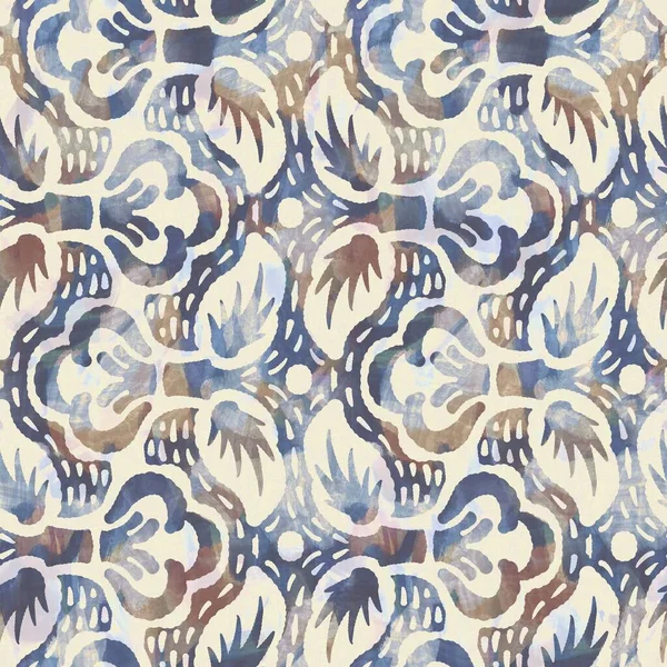 Tela estampada rústica de hoja gris francesa. Patrón textil de decoración suave estilo europeo sin costuras. Batik en todo el follaje digital efecto de impresión. Paño decorativo azul abigarrado. De alta calidad raster jpg —  Fotos de Stock