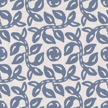 Kusursuz Fransız kumaşı baskılı yeşillik arka planı. Provence mavi gri keten desenli doku. Eski püskü, şık, bulanık bir arka plan. Her yerde tekstil kırsalı var.