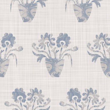 Kusursuz Fransız kumaşı, çiçekli kumaş kaplama. Provence mavi gri keten desenli doku. Eski püskü, şık, bulanık bir arka plan. Her yerde tekstil kırsalı var.