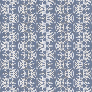 Kusursuz Fransız kumaşı baskılı yeşillik arka planı. Provence mavi gri keten desenli doku. Eski püskü, şık, bulanık bir arka plan. Her yerde tekstil kırsalı var.