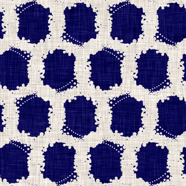 Seamless indigo circle texture. Blue woven boro cotton dyed effect background. Japan repeat batik resist pattern. Asian starry all over print