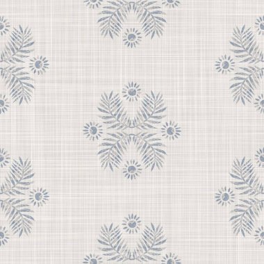 Kusursuz Fransız kumaşı baskılı yeşillik arka planı. Provence mavi gri keten desenli doku. Eski püskü, şık, bulanık bir arka plan. Her yerde tekstil kırsalı var.