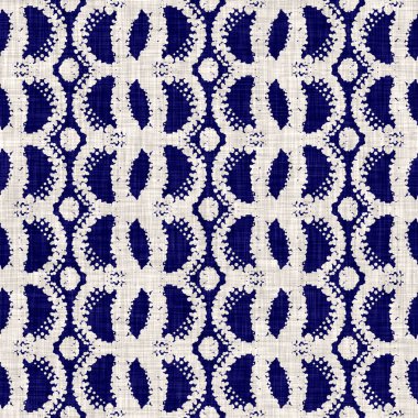 Kusursuz çivit çember dokusu. Mavi örülmüş boro pamuk boyalı efekt arka planı. Japonya Batik direncini tekrarlıyor. Her yerde Asya yıldızları var.
