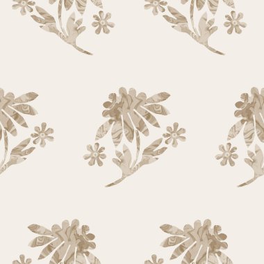 Sepia kahverengi mermer çiçeksiz desen. İnce 2 tonlu çiçek, basit desenli matisse kağıt kesim tarzıyla çiçek açar. Her tarafı dekoratif baskı. En az bej rengi ecru kağıt jpg kumaş parçası. 