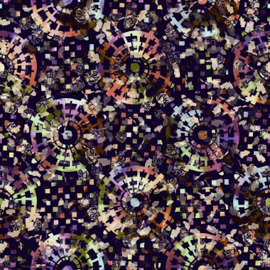 Egzotik renkli boho geometrik kamuflaj izi. Kusursuz sonbahar koyu zemin detaylı tekrarlama deseni.