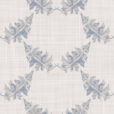 Kusursuz Fransız kumaşı baskılı yeşillik arka planı. Provence mavi gri keten desenli doku. Eski püskü, şık, bulanık bir arka plan. Her yerde tekstil kırsalı var.