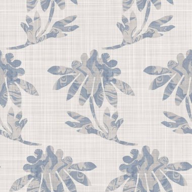 Kusursuz Fransız kumaşı, çiçekli kumaş kaplama. Provence mavi gri keten desenli doku. Eski püskü, şık, bulanık bir arka plan. Her yerde tekstil kırsalı var.