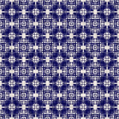 Kusursuz çivit geometrik doku. Mavi örülmüş boro pamuk boyalı efekt arka planı. Japonya Batik direncini tekrarlıyor. Her yerde Asya yıldızları var.