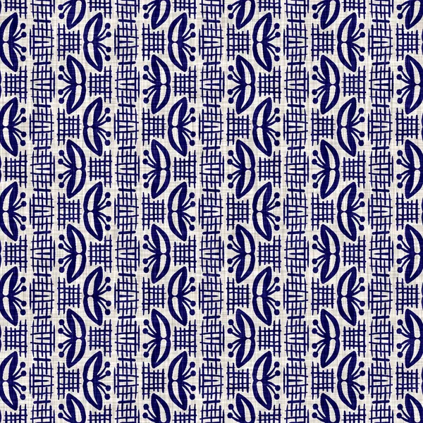 Indigo Blue Blume Block Print gefärbte Leinentextur Hintergrund. Nahtlos gewebter japanischer Swatch mit Batikmuster. Floral Organic Distressed Blur Block Print auf Textilien. — Stockfoto