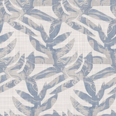 Kusursuz Fransız kumaşı baskılı yeşillik arka planı. Provence mavi gri keten desenli doku. Eski püskü, şık, bulanık bir arka plan. Her yerde tekstil kırsalı var.