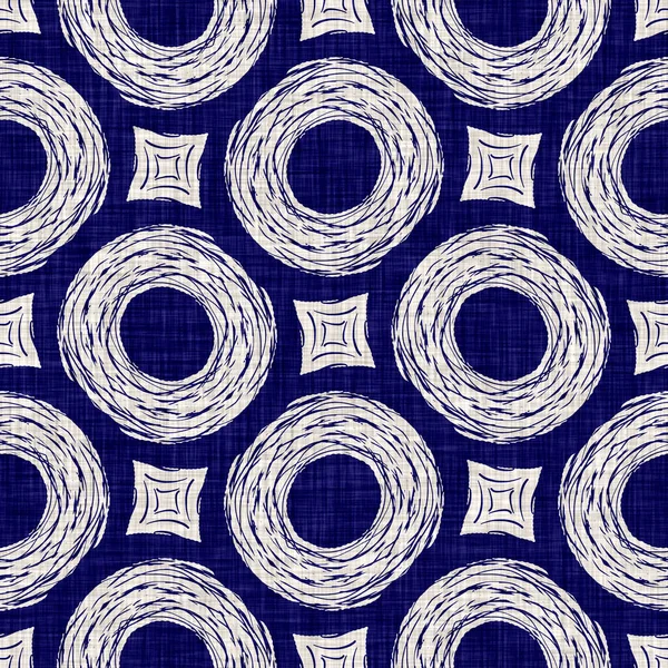 Textura círculo indigo sem costura. Azul tecido boro algodão tingido efeito fundo. Japão repetir batik resistir padrão. Asiático estrelado por toda impressão — Fotografia de Stock