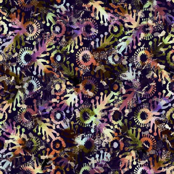 Egzotik renkli boho çiçekli kamuflaj izi. Kusursuz sonbahar koyu zemin detaylı tekrarlama deseni.