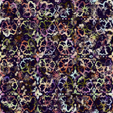 Egzotik renkli boho çiçekli kamuflaj izi. Kusursuz sonbahar koyu zemin detaylı tekrarlama deseni.