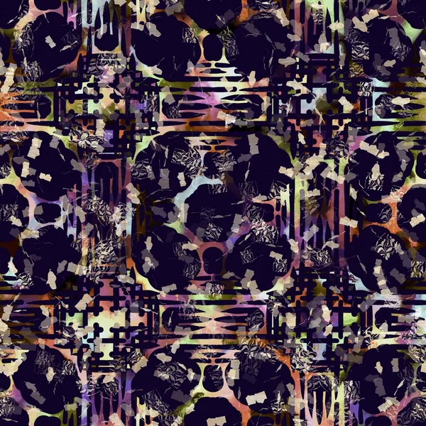 Exotischer mehrfarbiger Boho-geometrischer Camouflage-Scatterprint. Nahtlose herbstliche dunkle Erde detaillierte Wiederholungsmuster. — Stockfoto