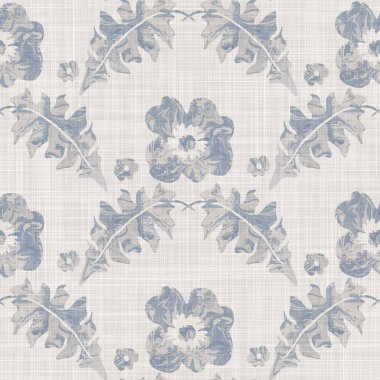 Kusursuz Fransız kumaşı baskılı yeşillik arka planı. Provence mavi gri keten desenli doku. Eski püskü, şık, bulanık bir arka plan. Her yerde tekstil kırsalı var.