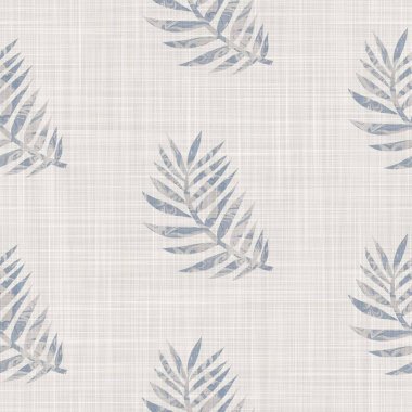 Kusursuz Fransız kumaşı baskılı yeşillik arka planı. Provence mavi gri keten desenli doku. Eski püskü, şık, bulanık bir arka plan. Her yerde tekstil kırsalı var.