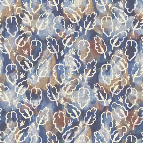 Tela estampada rústica de hoja gris francesa. Patrón textil de decoración suave estilo europeo sin costuras. Batik en todo el follaje digital efecto de impresión. Paño decorativo azul abigarrado. De alta calidad raster jpg — Foto de Stock