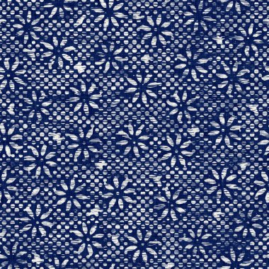 İndigo boyalı kumaş desenli çiçek deseni. Kusursuz tekstil kumaş boyası baskıya dayanıklıdır. Japon kimono bloğu baskısı. Yüksek çözünürlüklü batik etkisi tekrarlanabilir kumaş parçası. 