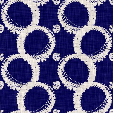 Kusursuz çivit çember dokusu. Mavi örülmüş boro pamuk boyalı efekt arka planı. Japonya Batik direncini tekrarlıyor. Her yerde Asya yıldızları var.