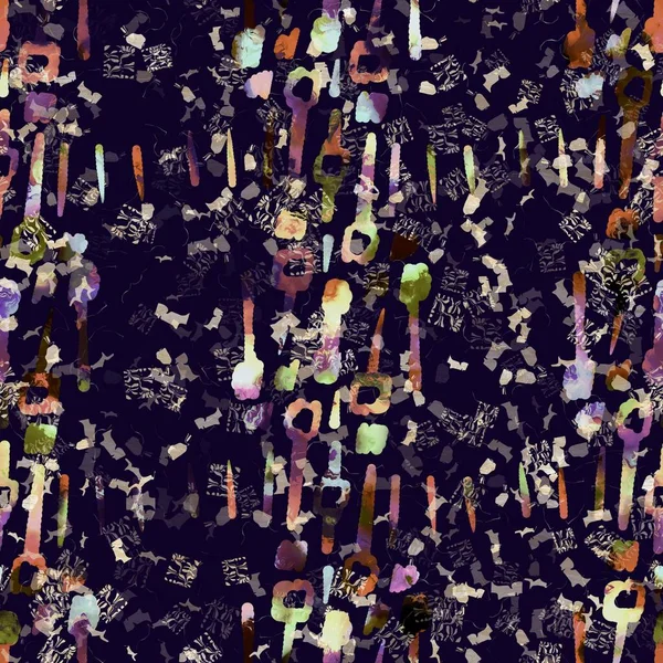 Exotische veelkleurige boho geometrische camouflage scatter print. Naadloze herfst donkere grond gedetailleerde herhaling patroon. — Stockfoto