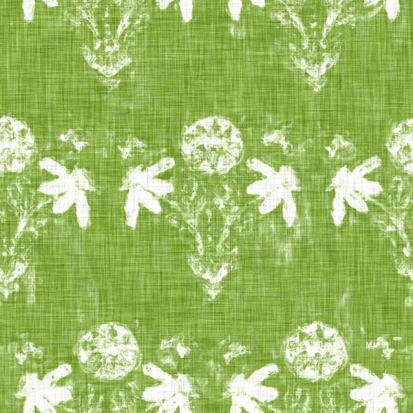 Hand drawn flower motif linen texture. Whimsical garden seamless pattern. Modern spring doodle floral nature textile for home decor. Botanical scandi style rustic green all over print. — Stock Photo, Image