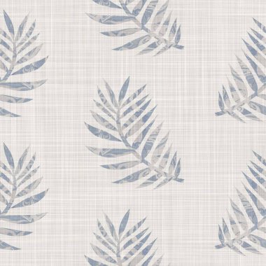 Kusursuz Fransız kumaşı baskılı yeşillik arka planı. Provence mavi gri keten desenli doku. Eski püskü, şık, bulanık bir arka plan. Her yerde tekstil kırsalı var.