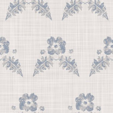 Kusursuz Fransız kumaşı baskılı yeşillik arka planı. Provence mavi gri keten desenli doku. Eski püskü, şık, bulanık bir arka plan. Her yerde tekstil kırsalı var.