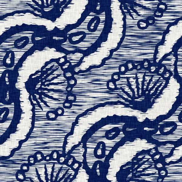 Indigo dyed fabric flower pattern texture. Seamless textile fashion cloth dye resist all over print. Japanese kimono block print. High resolution batik effect repeatable swatch. — Stock Photo, Image