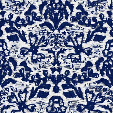 İndigo boyalı kumaş desenli çiçek deseni. Kusursuz tekstil kumaş boyası baskıya dayanıklıdır. Japon kimono bloğu baskısı. Yüksek çözünürlüklü batik etkisi tekrarlanabilir kumaş parçası. 