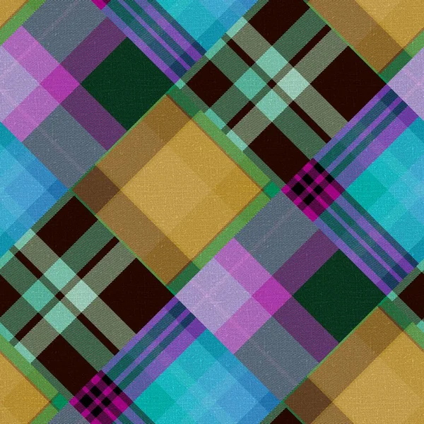 Diagonale madras patchwork geruit katoen patroon. Naadloze quiltstof effect linnen controleren achtergrond. — Stockfoto