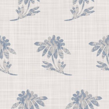 Kusursuz Fransız kumaşı, çiçekli kumaş kaplama. Provence mavi gri keten desenli doku. Eski püskü, şık, bulanık bir arka plan. Her yerde tekstil kırsalı var.