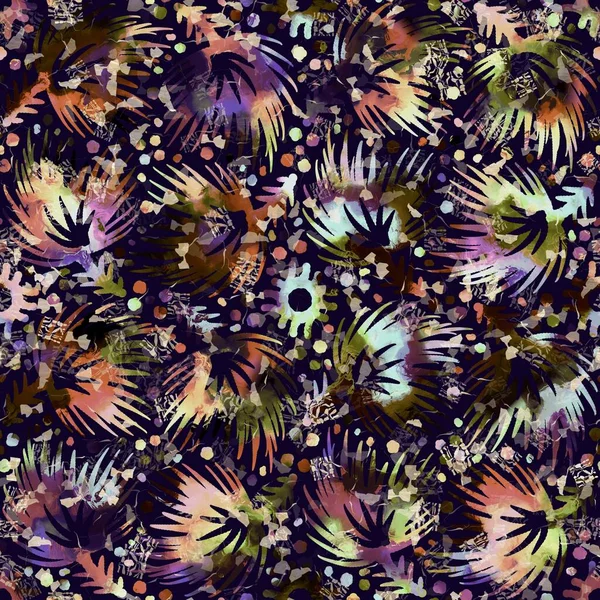 Exotic multicoloured boho floral camouflage scatter print. Seamless autumnal dark ground detailed repeat pattern. — Stock Photo, Image