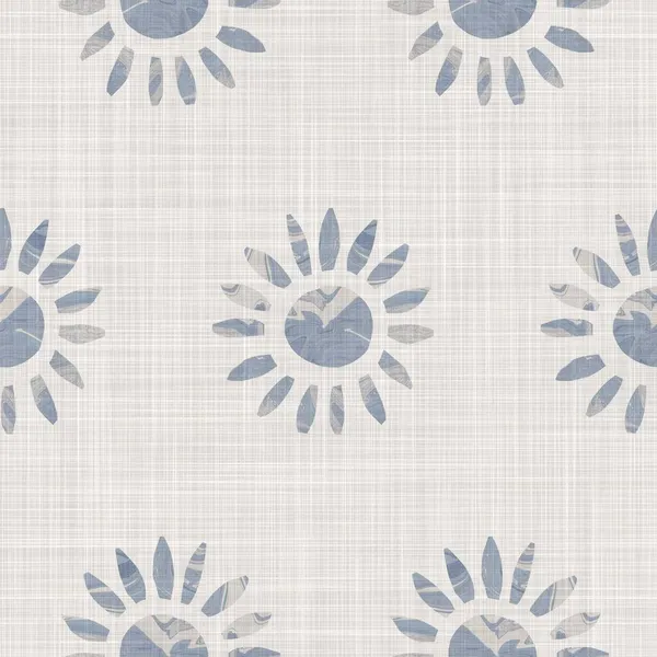 Seamless french linen printed floral damask background. Provence blue gray linen pattern texture. Shabby chic style woven blur background. Textile rustic all over print