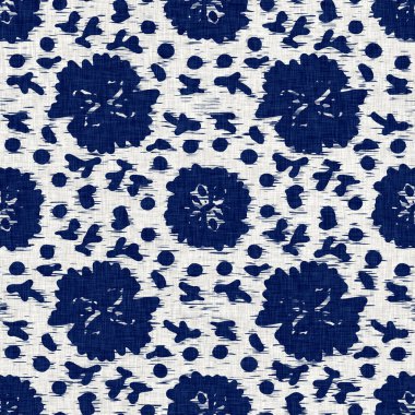  İndigo boyalı kumaş desenli çiçek deseni. Kusursuz tekstil kumaş boyası baskıya dayanıklıdır. Japon kimono bloğu baskısı. Yüksek çözünürlüklü batik etkisi tekrarlanabilir kumaş parçası. 
