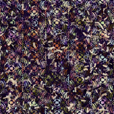 Egzotik renkli boho çiçekli kamuflaj izi. Kusursuz sonbahar koyu zemin detaylı tekrarlama deseni.
